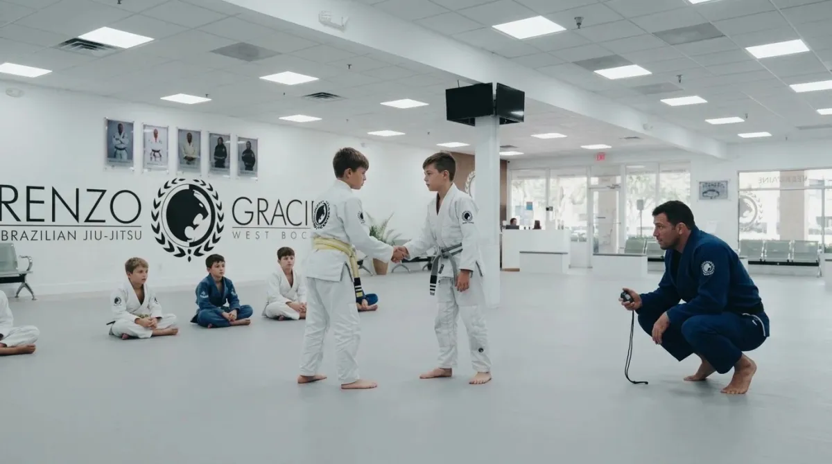 Two young competitors in gis shaking hands before a drill on the mat