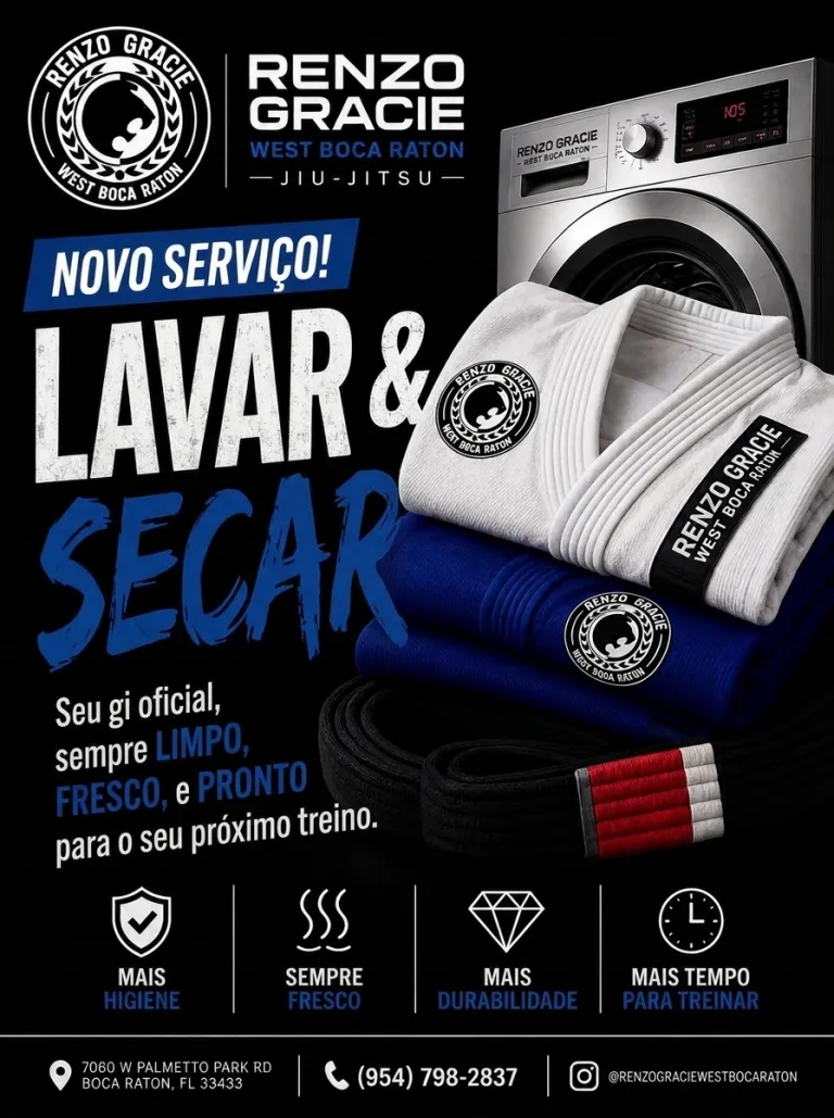 Arte do Wash & Dry: novo serviço, seu kimono oficial sempre limpo, cheiroso e pronto para o próximo treino, na Renzo Gracie West Boca Raton