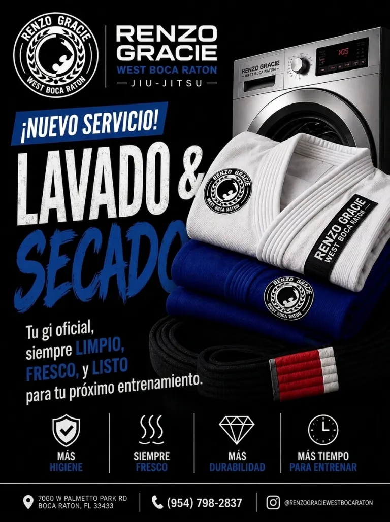 Arte de Wash & Dry: nuevo servicio, tu kimono oficial siempre limpio, fresco y listo para tu próximo entrenamiento, en Renzo Gracie West Boca Raton