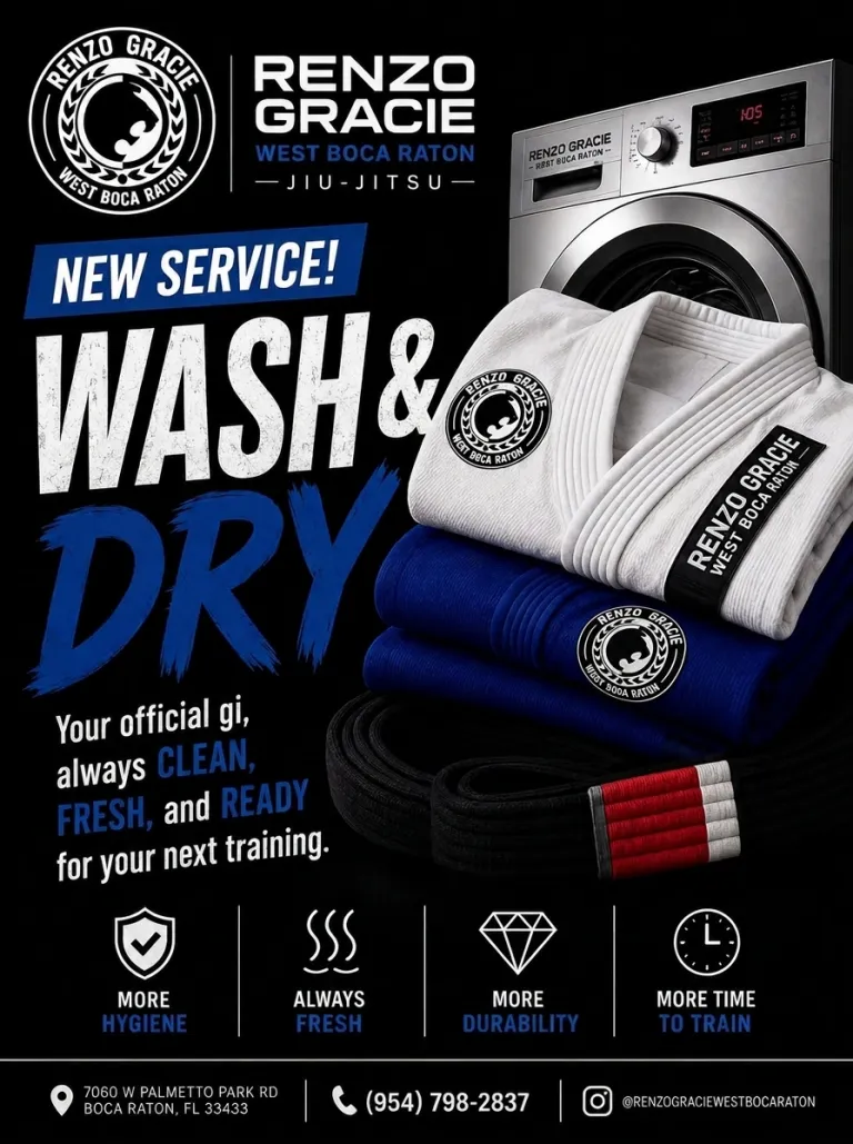 Wash & Dry flyer: new service, your official gi always clean, fresh and ready for your next training, at Renzo Gracie West Boca Raton