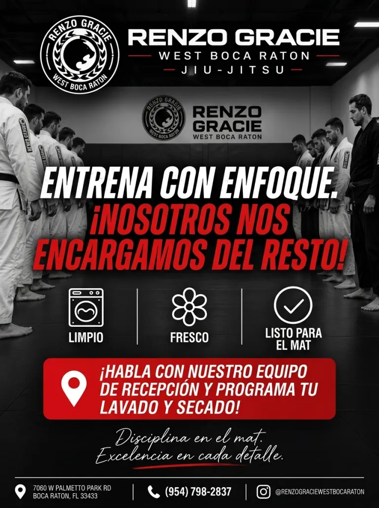 Arte Wash & Dry (en inglés): entrena con enfoque, nosotros nos ocupamos del resto; agenda el lavado del kimono en la recepción de Renzo Gracie West Boca Raton
