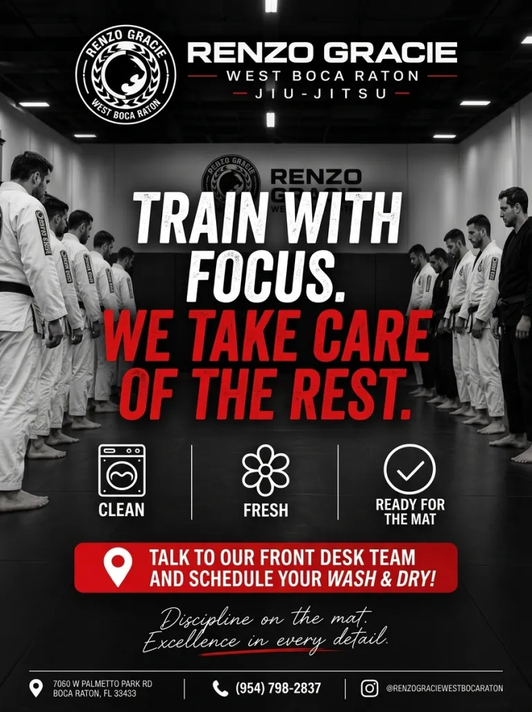 Wash & Dry: train with focus, we take care of the rest; schedule your gi wash and dry with the front desk team at Renzo Gracie West Boca Raton