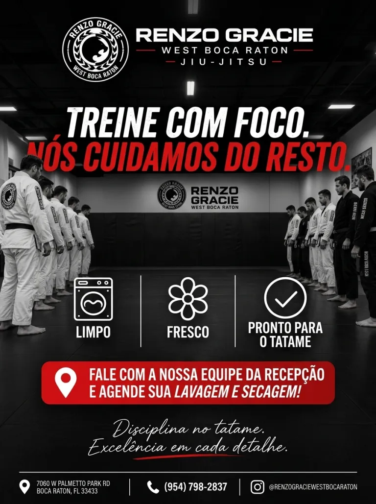 Arte Wash & Dry (em inglês): treine com foco, nós cuidamos do resto; agende a lavagem do kimono na recepção da Renzo Gracie West Boca Raton