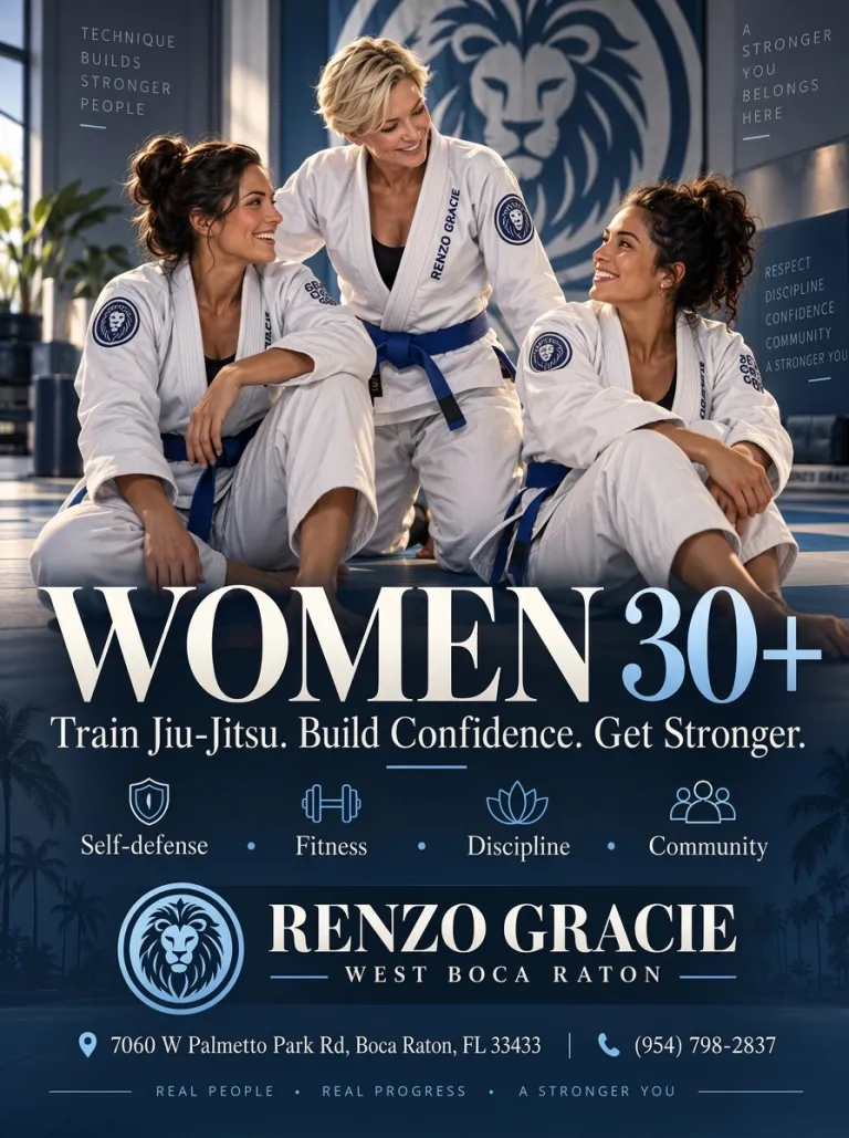 Women 30+ flyer: train Jiu-Jitsu, build confidence, get stronger at Renzo Gracie West Boca Raton