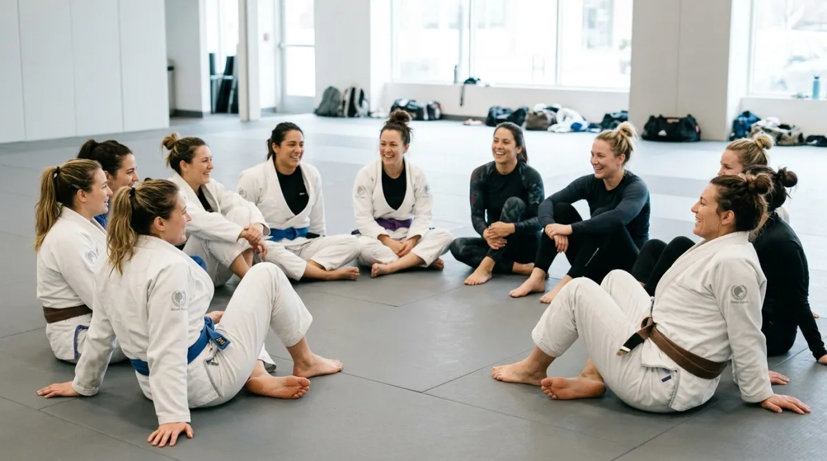 Women of different ages drilling a technique together on gray tatami mats
