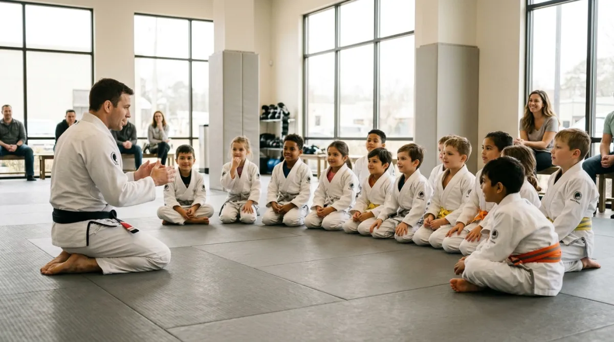 Young children in small white gis bowing together on gray mats at the start of class