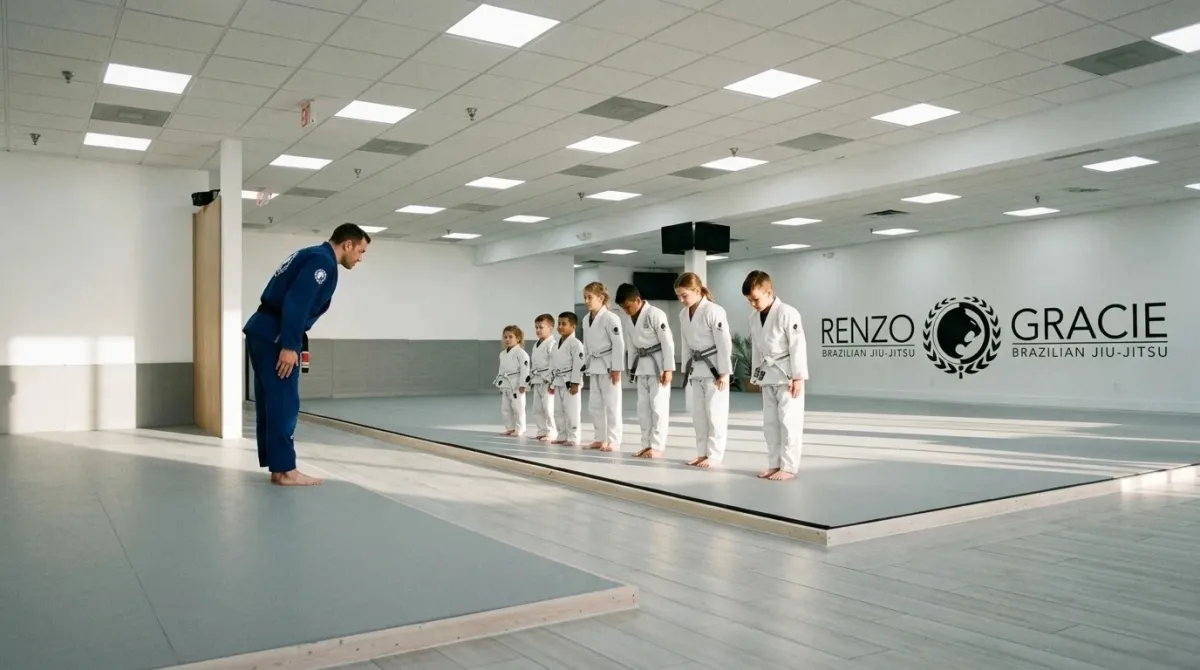Young children of different heights lined up and bowing at the start of a kids jiu-jitsu class